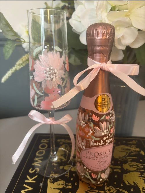 Bespoke Hand Painted Small Champagne/Prosecco Bottle & Matching Flute(Customer Supplies Bottle)